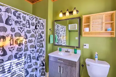 a bathroom with a sink and a shower curtain at Cincinnati Home with Deck and Private Hot Tub! in Cincinnati