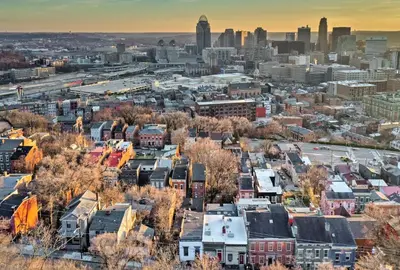 an aerial view of a city with buildings at Cincinnati Home, Patio with Downtown Views! in Cincinnati