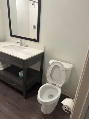 a bathroom with a sink and a toilet and a mirror at THE NEST in Greenfield
