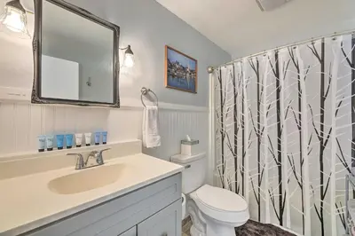 a bathroom with a sink and a shower curtain at Manchester Getaway on Ohio River Scenic Byway in Manchester