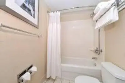 a bathroom with a white shower curtain and a toilet at King's Inn Mason,Ohio in Cincinnati