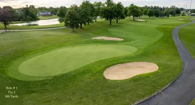 an overhead view of a golf course with two large holes at King's Inn Mason,Ohio in Cincinnati