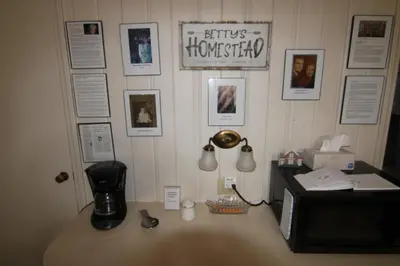 a desk with a coffee maker and a microwave at Cedar Point/Kalahari/Lake Erie - Betty's Homestead in Norwalk