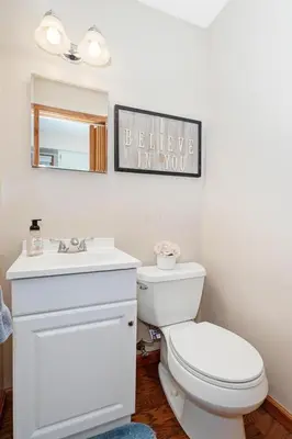 a bathroom with a toilet and a sink and a mirror at 100 Acre Red Brick Ranch Hocking Hills Cabin Hot Tub 12 in Logan