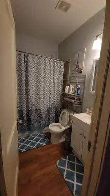 a bathroom with a shower and a toilet and a sink at Comfy 3brd in Cleveland in Cleveland Heights
